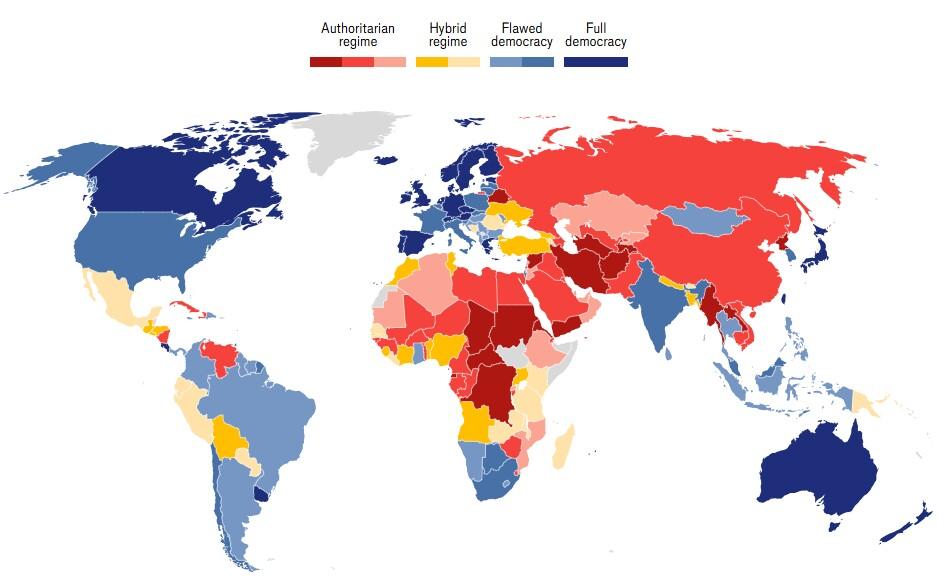 Only 6.6% of the global population lives under full democracy, according to the Economist.